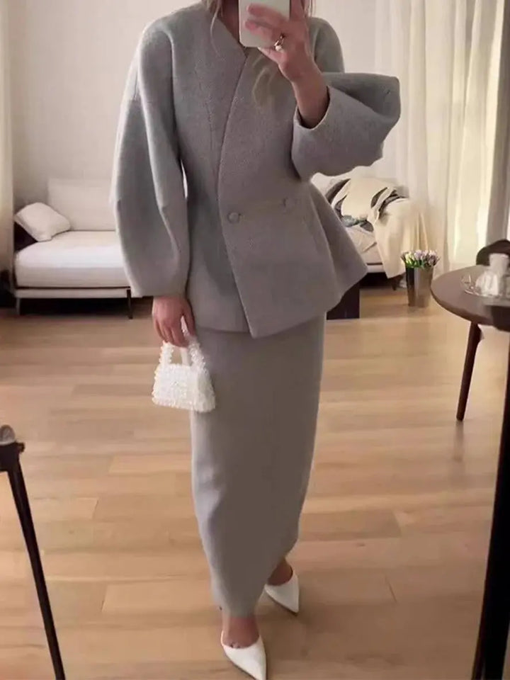 Zwei-Teile Rockanzug mit Puffärmel-Blazer und V-Ausschnitt