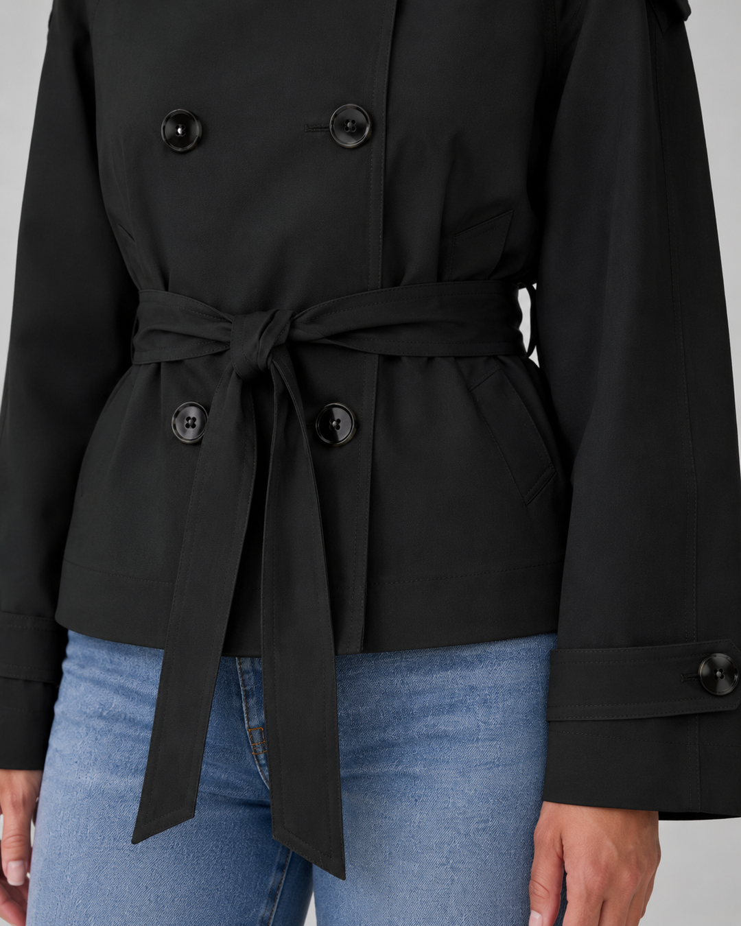 Damen Cropped Trench Coat – Stehkragen mit Bindegürtel