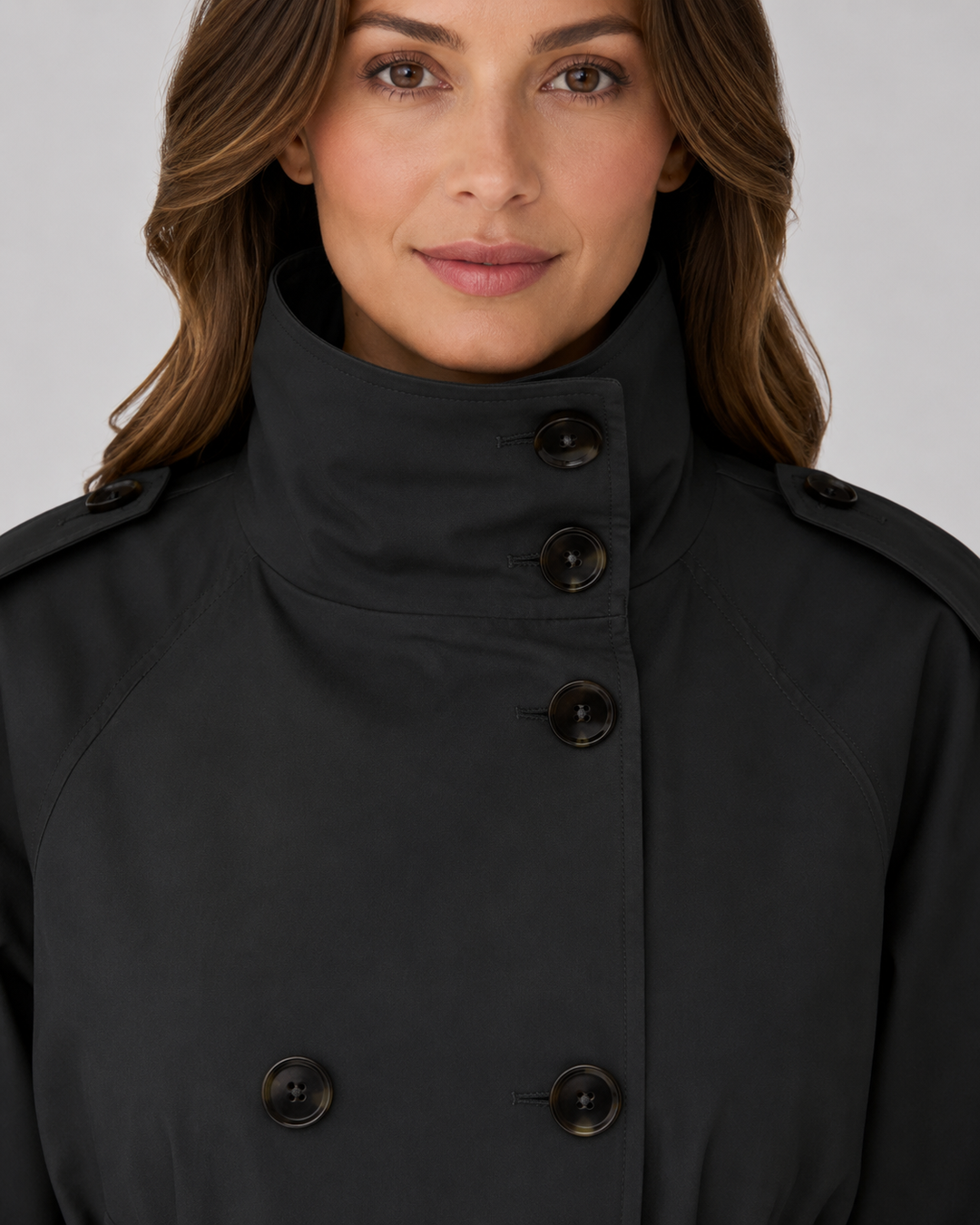 Damen Cropped Trench Coat – Stehkragen mit Bindegürtel