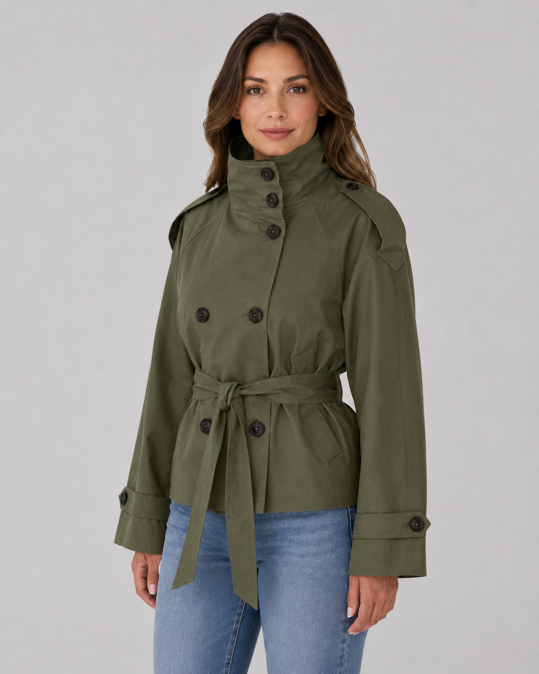 Damen Cropped Trench Coat – Stehkragen mit Bindegürtel