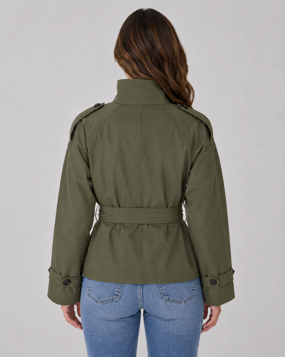 Damen Cropped Trench Coat – Stehkragen mit Bindegürtel