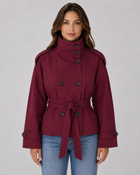 Damen Cropped Trench Coat – Stehkragen mit Bindegürtel