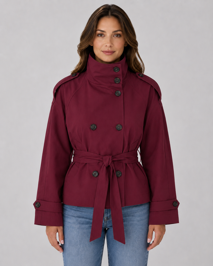 Damen Cropped Trench Coat – Stehkragen mit Bindegürtel