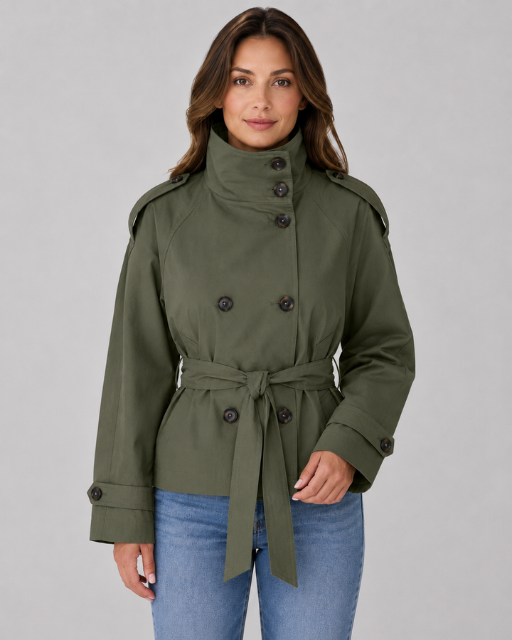 Damen Cropped Trench Coat – Stehkragen mit Bindegürtel