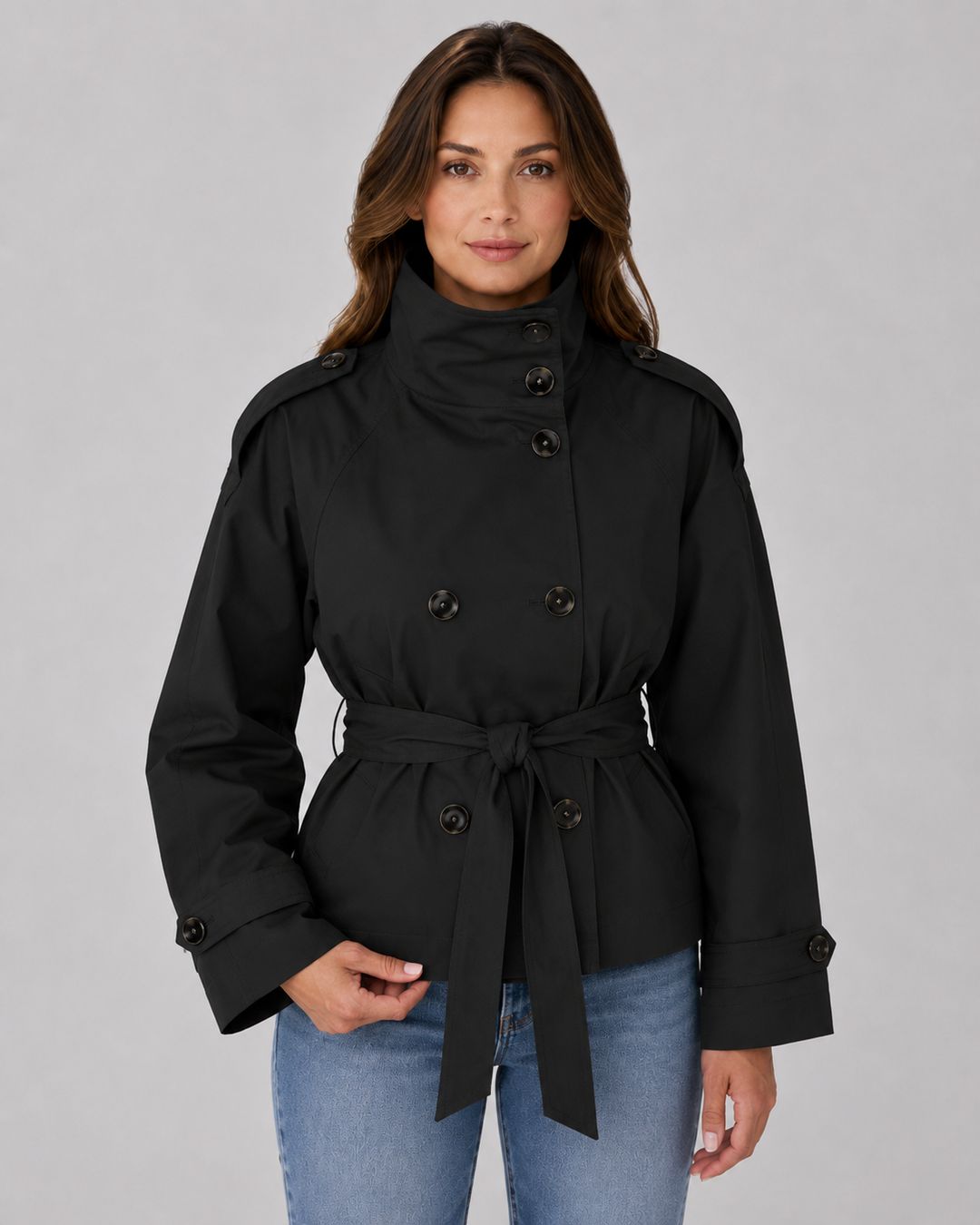 Damen Cropped Trench Coat – Stehkragen mit Bindegürtel