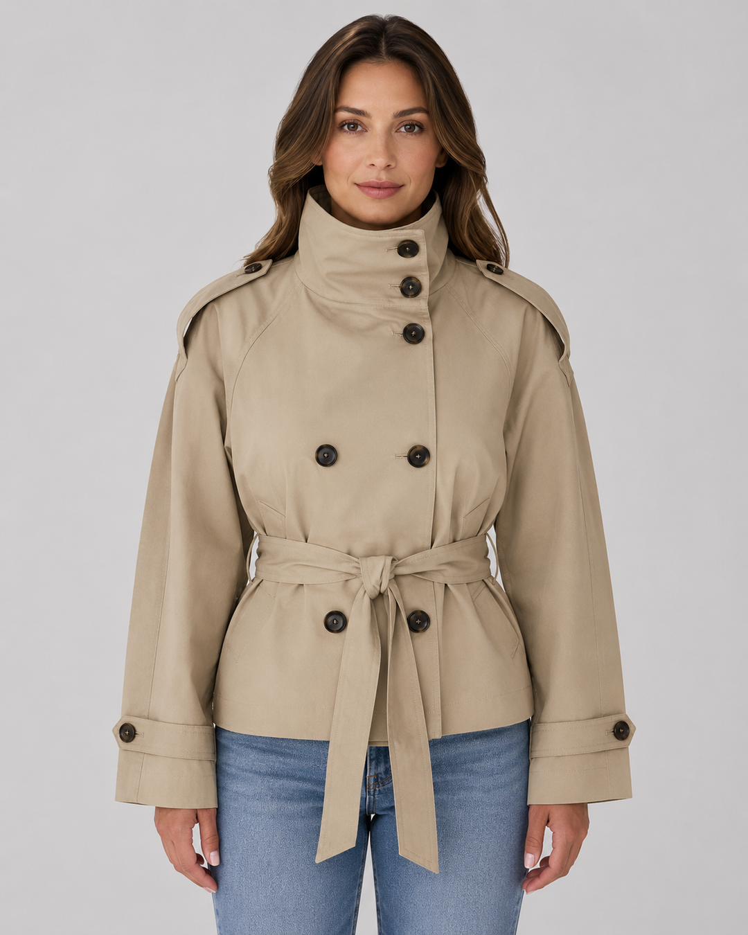 Damen Cropped Trench Coat – Stehkragen mit Bindegürtel