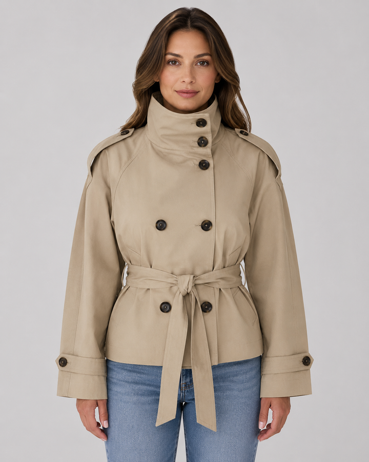Damen Cropped Trench Coat – Stehkragen mit Bindegürtel
