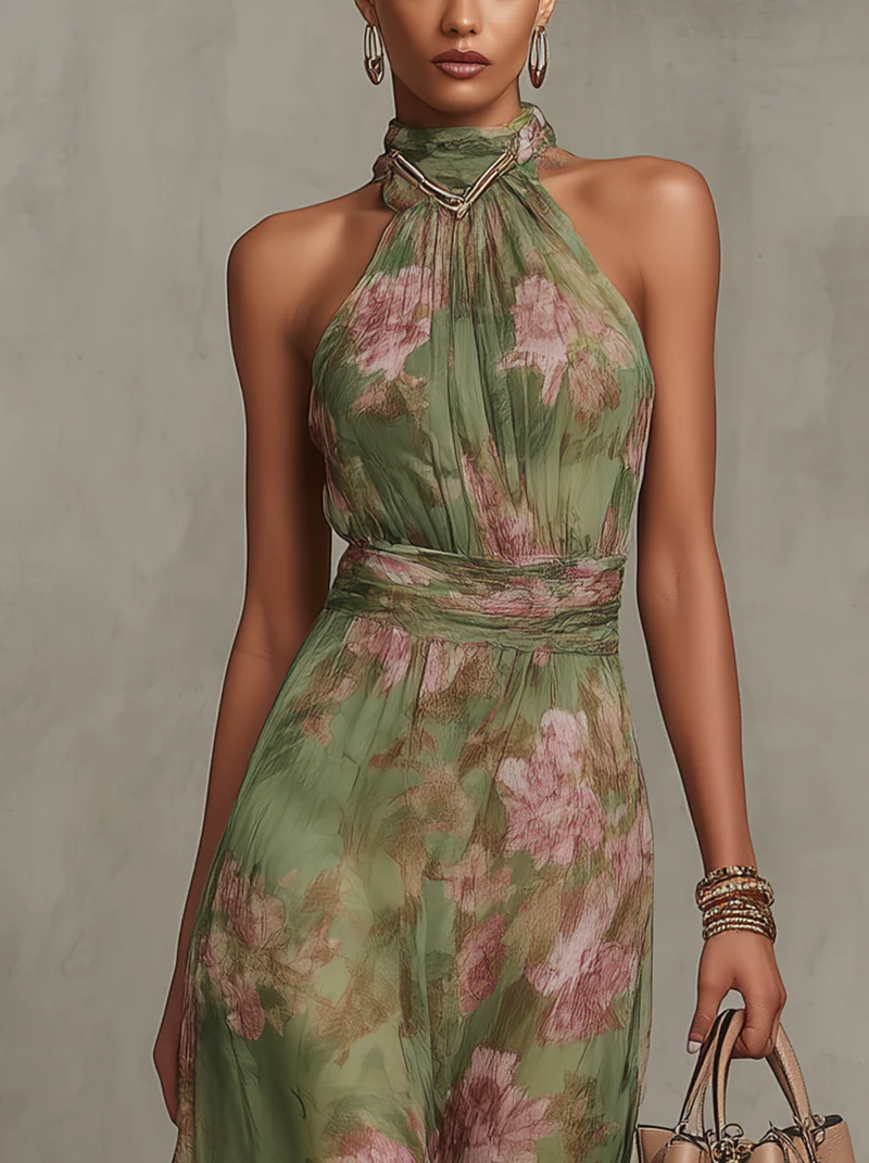 Elegant Halter Neckline With Gathered Detailing Chiffon Floral Print Soft Romantic Muted Tones Maxi Dress