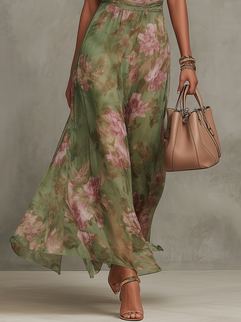 Elegant Halter Neckline With Gathered Detailing Chiffon Floral Print Soft Romantic Muted Tones Maxi Dress
