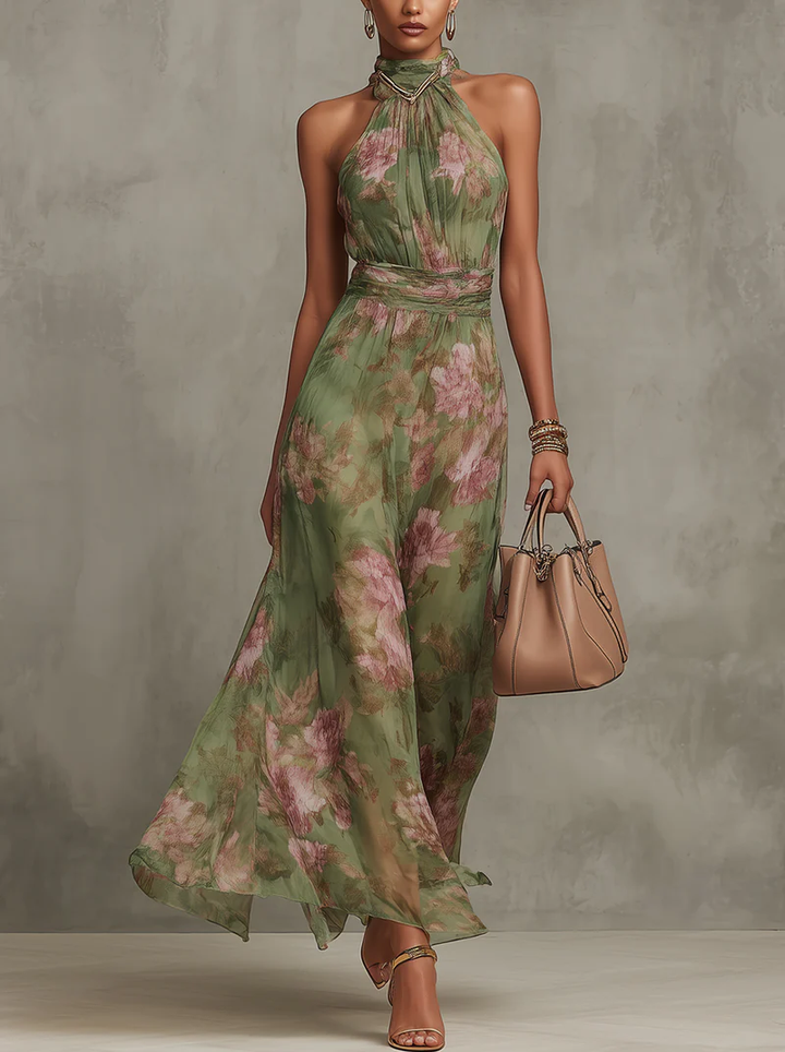Elegant Halter Neckline With Gathered Detailing Chiffon Floral Print Soft Romantic Muted Tones Maxi Dress