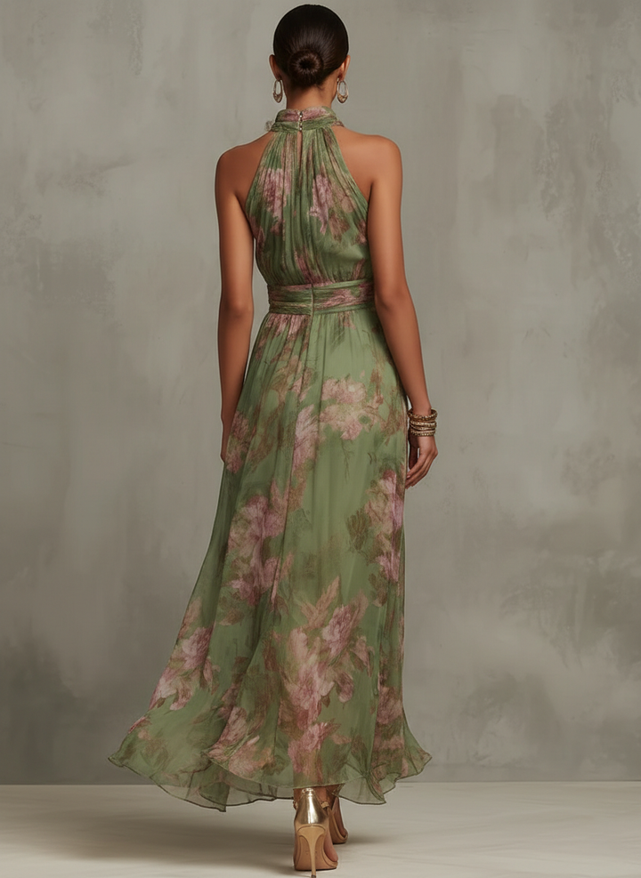 Elegant Halter Neckline With Gathered Detailing Chiffon Floral Print Soft Romantic Muted Tones Maxi Dress