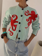 Women's Octopus Pattern Cardigan with Open Front and Long Sleeves