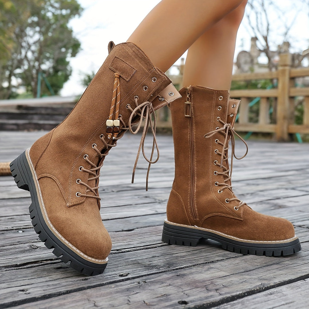 Damen Schnürstiefeletten knöchelhoch mit Profilsohle und Reißverschluss, braun