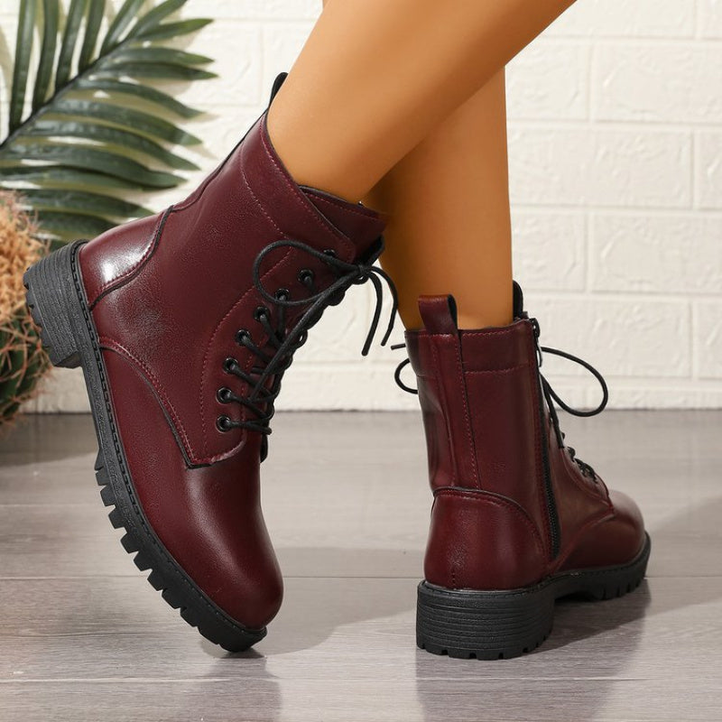 Damen Worker Boots Schnürstiefel Stiefeletten Bordeaux Rot mit Reißverschluss