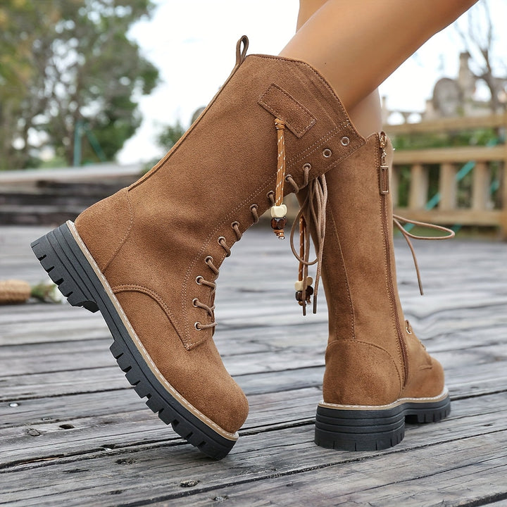 Damen Schnürstiefeletten knöchelhoch mit Profilsohle und Reißverschluss, braun