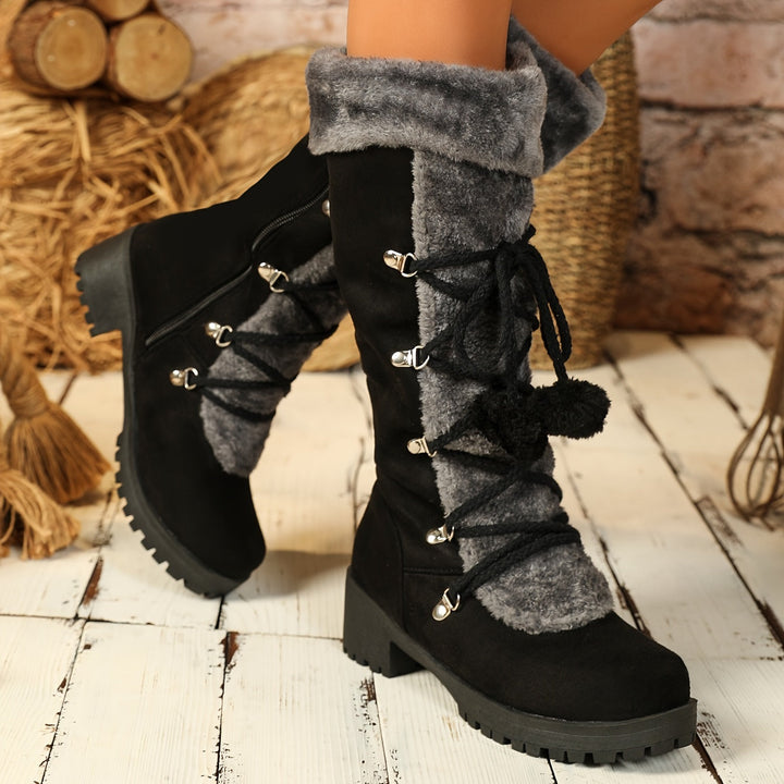 Damen Stiefel Schwarz mit Kunstfell Akzenten und Schnürdetails
