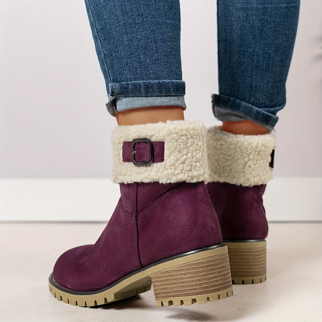 Damen Stiefeletten mit Schnalle, Teddyfellrand und Profilsohle