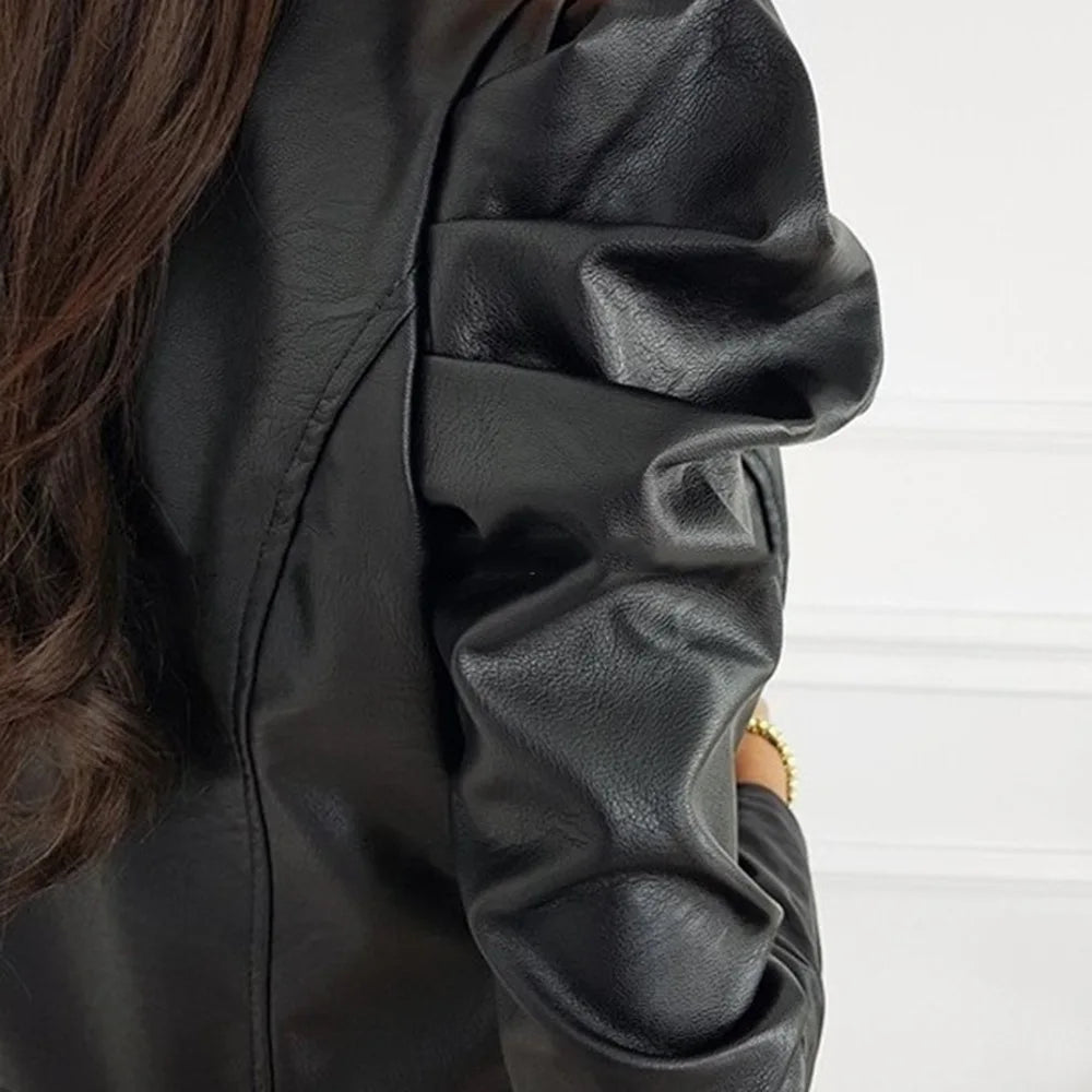 Ruby | Damen Lederjacke mit O-Ausschnitt, Puffärmeln und gerippter Verarbeitung
