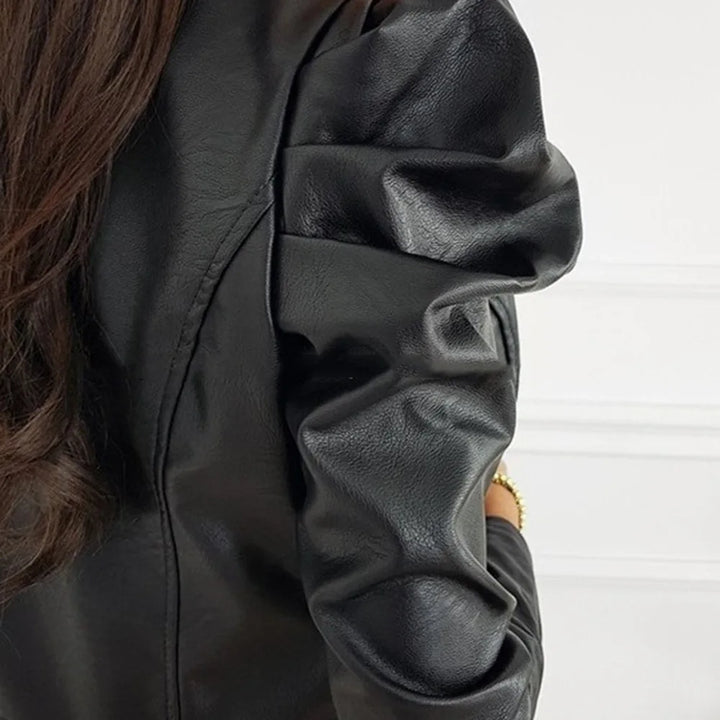 Ruby | Damen Lederjacke mit O-Ausschnitt, Puffärmeln und gerippter Verarbeitung