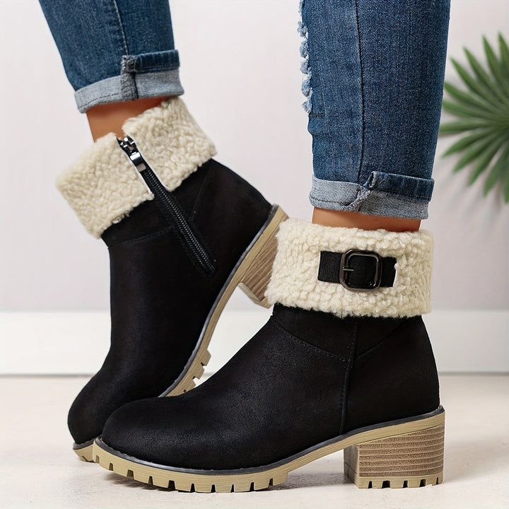 Damen Stiefeletten mit Schnalle, Teddyfellrand und Profilsohle