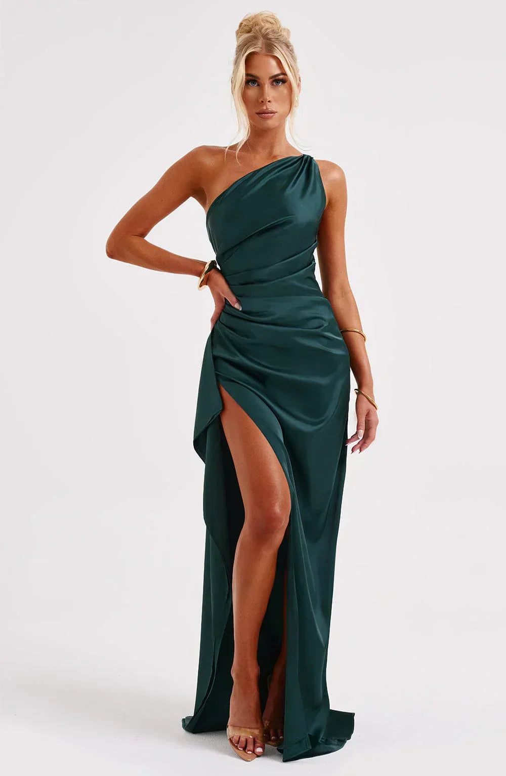 Elara - Luxe Satin Ein-Schulter Splitkleid