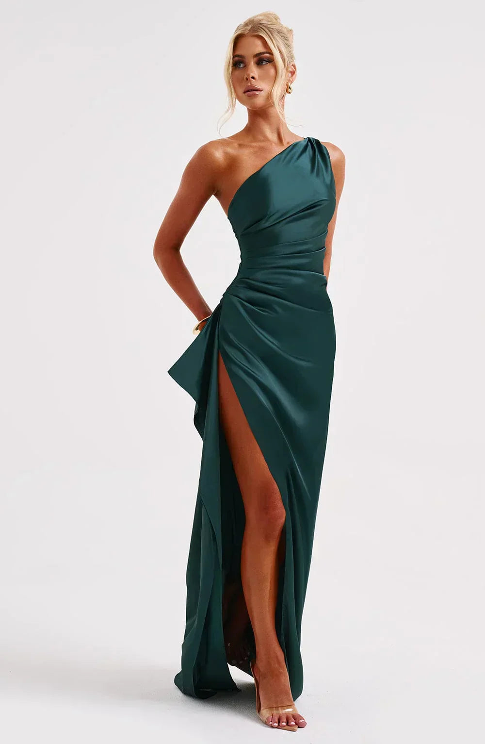 Elara - Luxe Satin Ein-Schulter Splitkleid