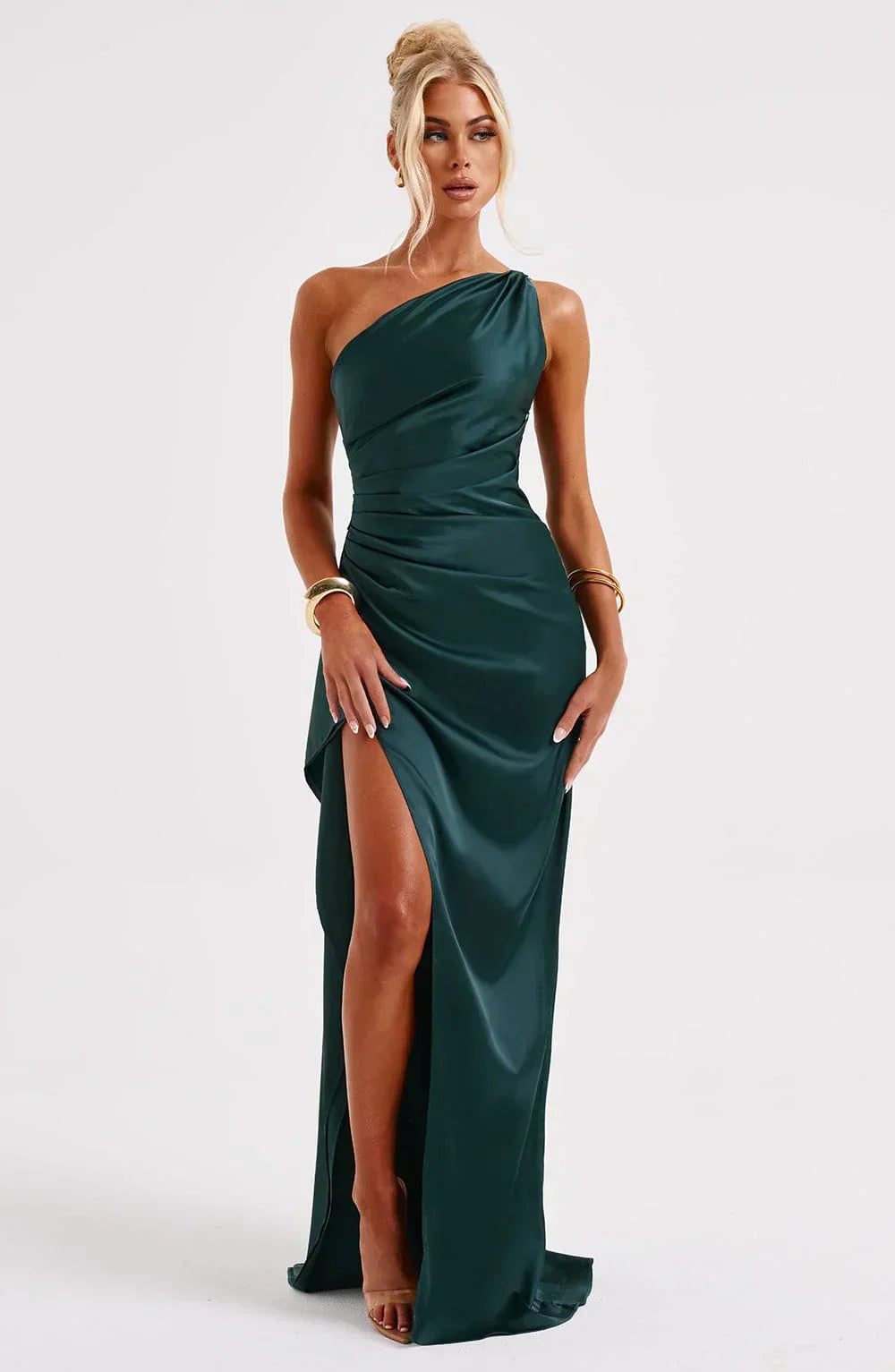 Elara - Luxe Satin Ein-Schulter Splitkleid