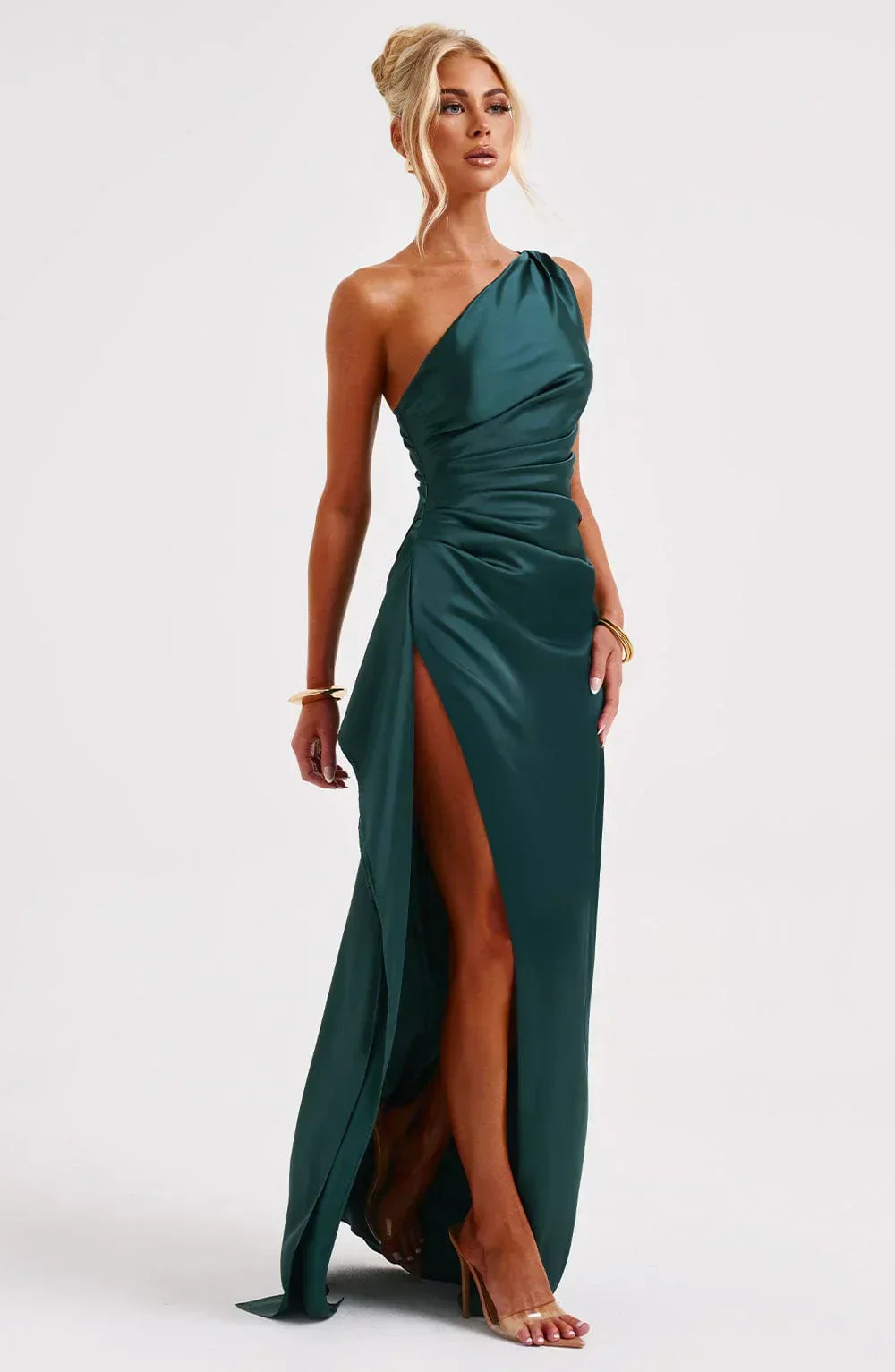 Elara - Luxe Satin Ein-Schulter Splitkleid