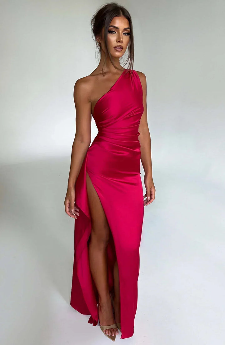 Elara - Luxe Satin Ein-Schulter Splitkleid