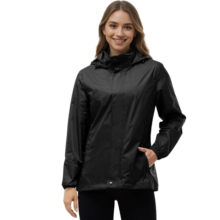 Damen wasserdichte packbare Regenjacke mit Kapuze für Reisen