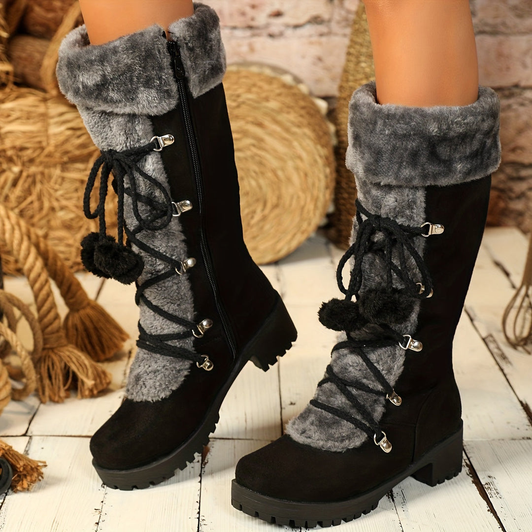 Damen Stiefel Schwarz mit Kunstfell Akzenten und Schnürdetails