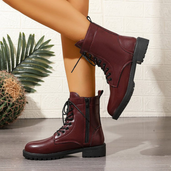Damen Worker Boots Schnürstiefel Stiefeletten Bordeaux Rot mit Reißverschluss