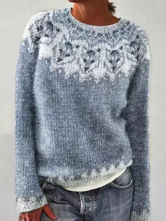 Damen Norwegischer Fair Isle Pullover – Nordischer Rundhals Strickpullover