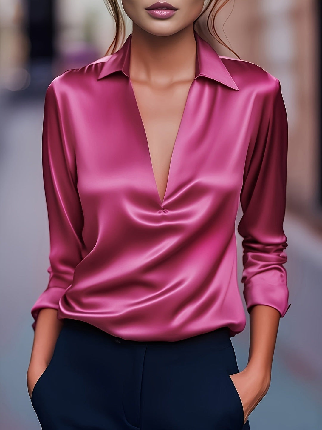 Damen Stilvolle Vielseitige Satin-Look Bluse mit V-Ausschnitt | Havanna