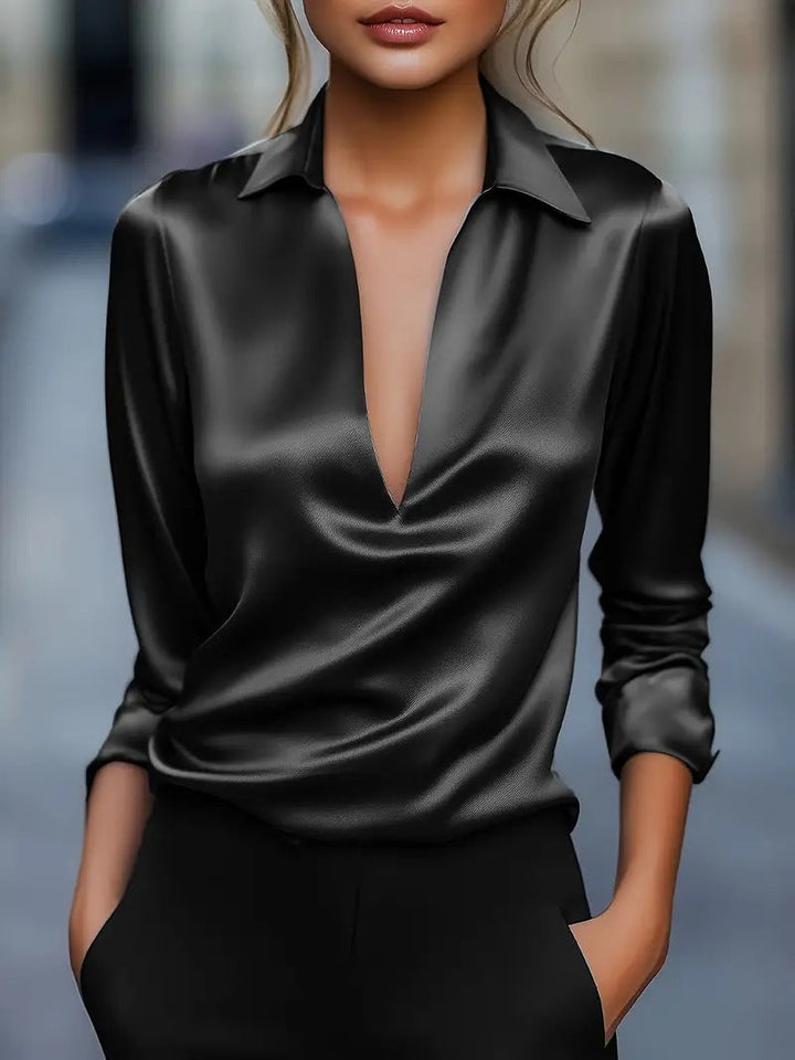 Damen Stilvolle Vielseitige Satin-Look Bluse mit V-Ausschnitt | Havanna