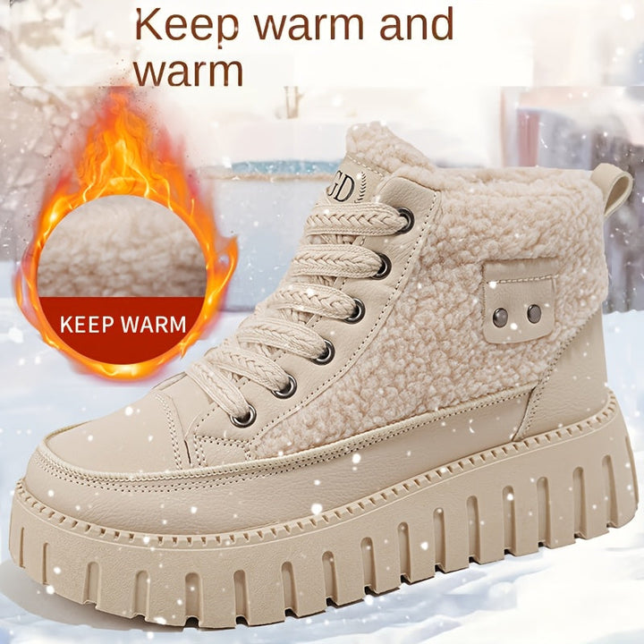 Damen Plateau Stiefel mit Teddyfutter, Schnürung und Profilsohle