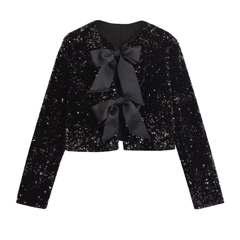Amelia – Vielseitige kurze Jacke mit Schleifendekoration und Pailletten