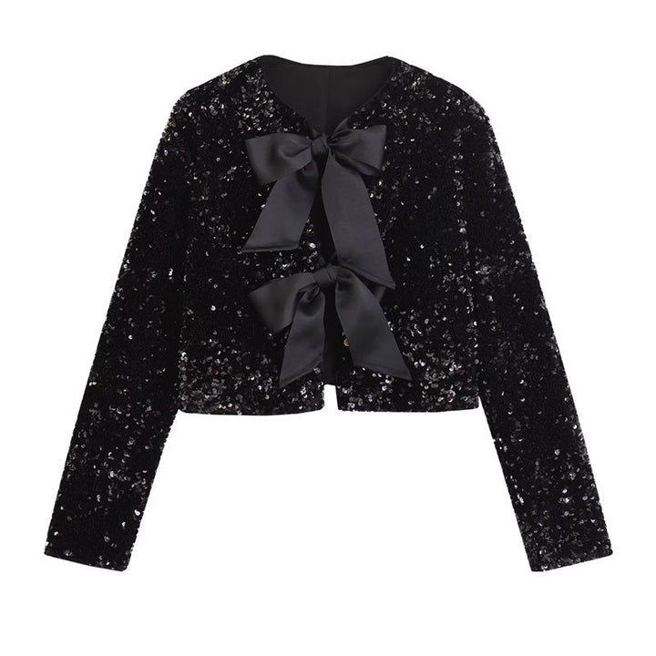 Amelia – Vielseitige kurze Jacke mit Schleifendekoration und Pailletten