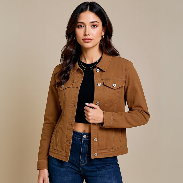 Basic taillierte Stretch-Jeansjacke mit Knopfleiste und langen Ärmeln