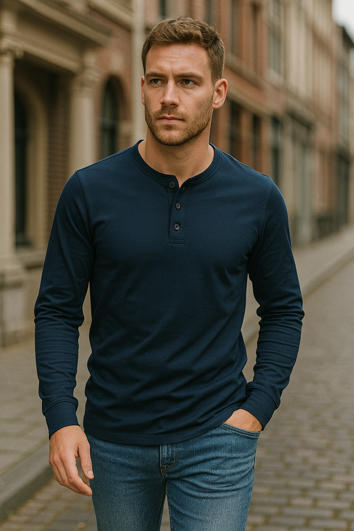 Herren Langarmshirt mit Knöpfen Casual Bequeme Passform