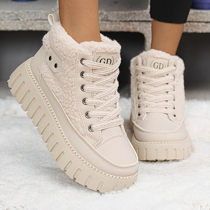 Damen Plateau Stiefel mit Teddyfutter, Schnürung und Profilsohle