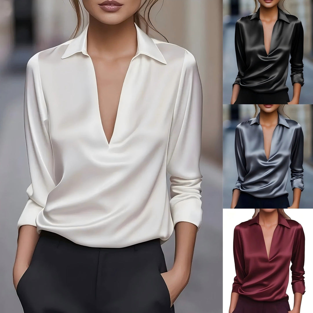 Damen Stilvolle Vielseitige Satin-Look Bluse mit V-Ausschnitt | Havanna