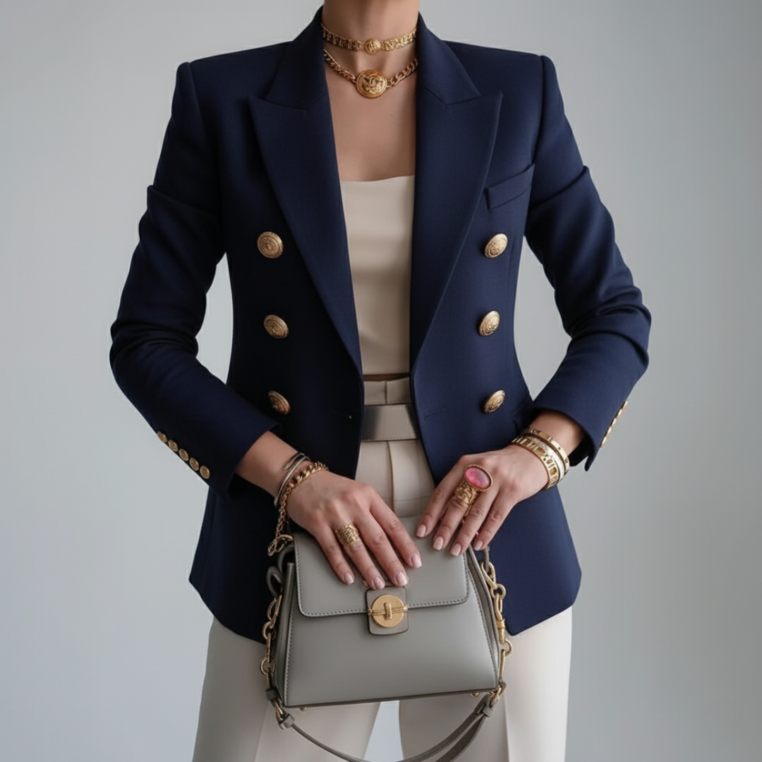 Blazer croisé à coupe cintrée avec boutons dorés et col à revers