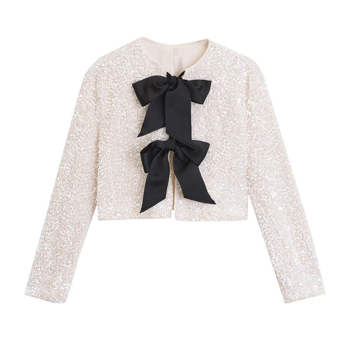 Amelia – Vielseitige kurze Jacke mit Schleifendekoration und Pailletten