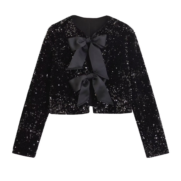 Amelia – Vielseitige kurze Jacke mit Schleifendekoration und Pailletten