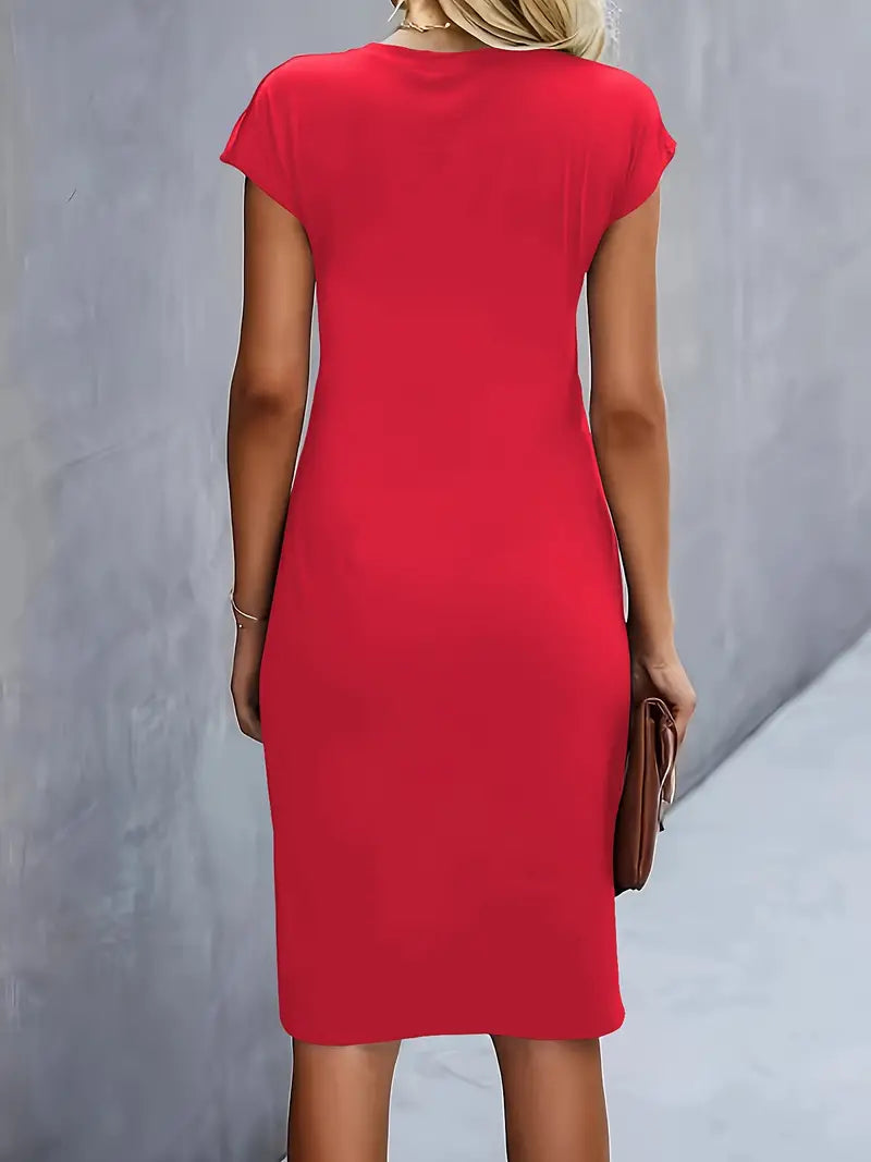 Midi Kleid Damen Runder Hals Tailliert Hochzeitsgast