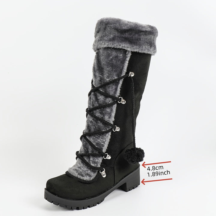 Damen Stiefel Schwarz mit Kunstfell Akzenten und Schnürdetails