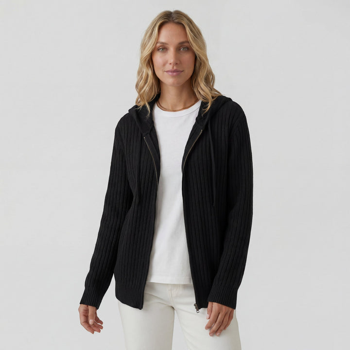 Damen Rippstrick Zip-Up Hoodie Cardigan – Oversized Full-Zip Stil