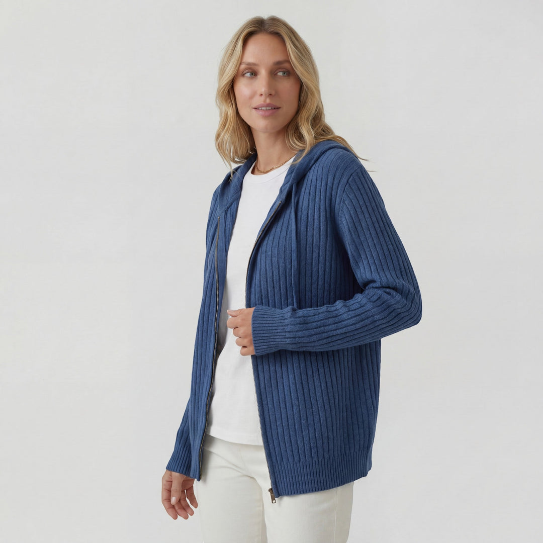 Damen Rippstrick Zip-Up Hoodie Cardigan – Oversized Full-Zip Stil