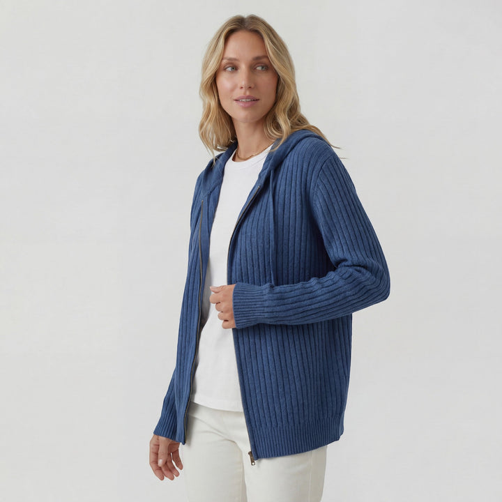 Damen Rippstrick Zip-Up Hoodie Cardigan – Oversized Full-Zip Stil